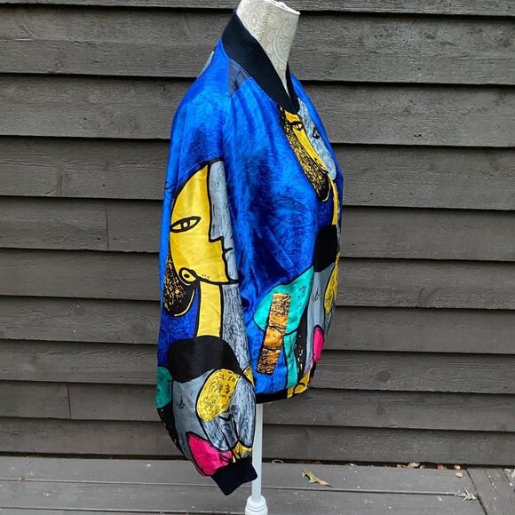 Vtg 90s Exclusively Misook OS Picasso graphic satin bomber jacket wearable art - Picture 5 of 12